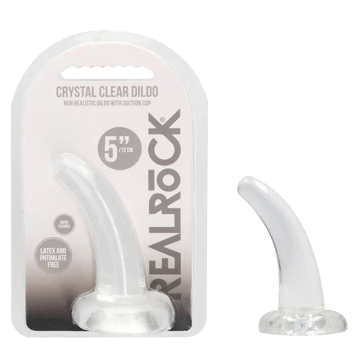 REALROCK 11.5 cm Non-Realistic Curved Dildo in Clear, blister pack beside the smooth curved dildo