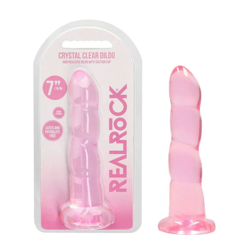 REALROCK 18 cm Non-Realistic Ribbed Dildo in Pink, blister pack beside the swirl-ribbed dildo