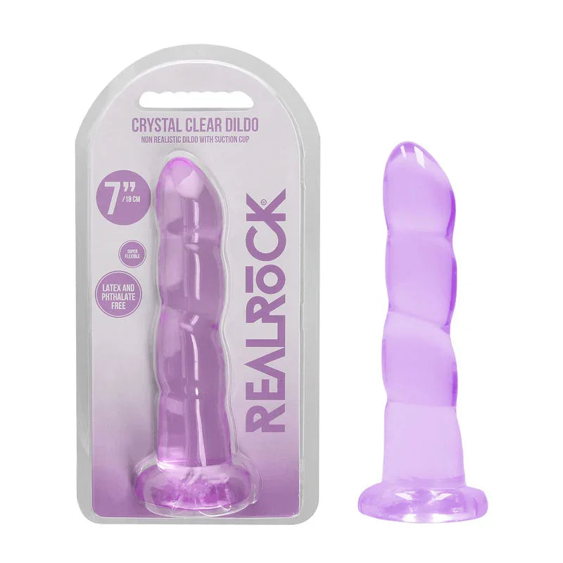 REALROCK 18 cm Non-Realistic Ribbed Dildo in Purple, blister pack beside the swirl-ribbed dildo