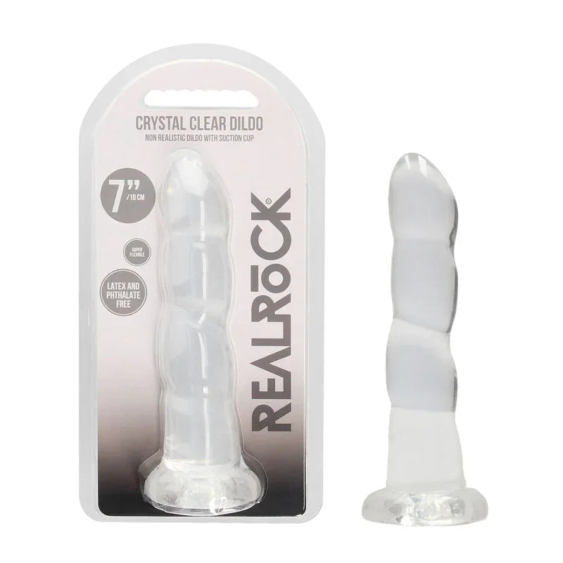 REALROCK 18 cm Non-Realistic Ribbed Dildo in Clear, blister pack beside the swirl-ribbed dildo