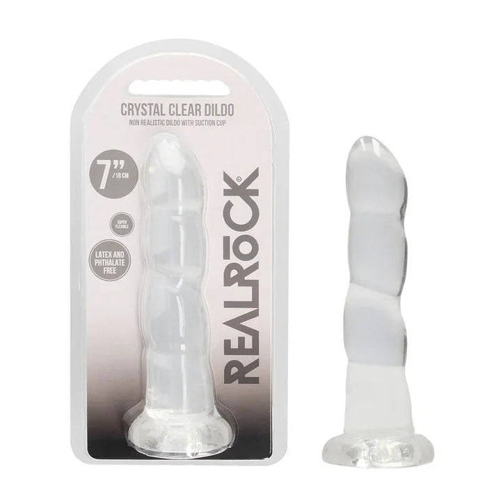 REALROCK 18 cm Non-Realistic Ribbed Dildo in Clear, blister pack beside the swirl-ribbed dildo