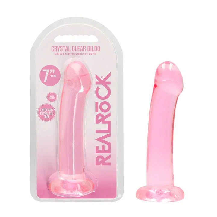 REALROCK 17 cm Non-Realistic Curved Dildo in Pink, blister pack beside the smooth curved dildo