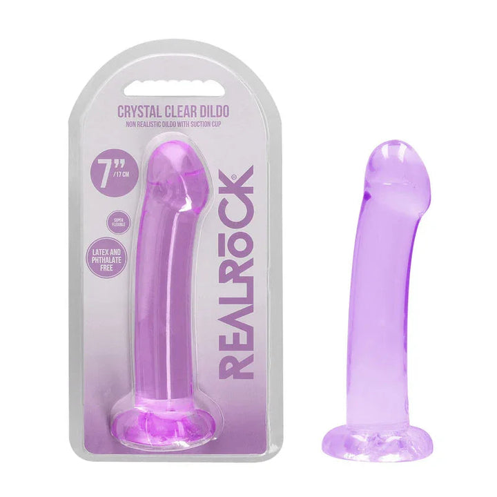 REALROCK 17 cm Non-Realistic Curved Dildo in Purple, blister pack beside the smooth curved dildo