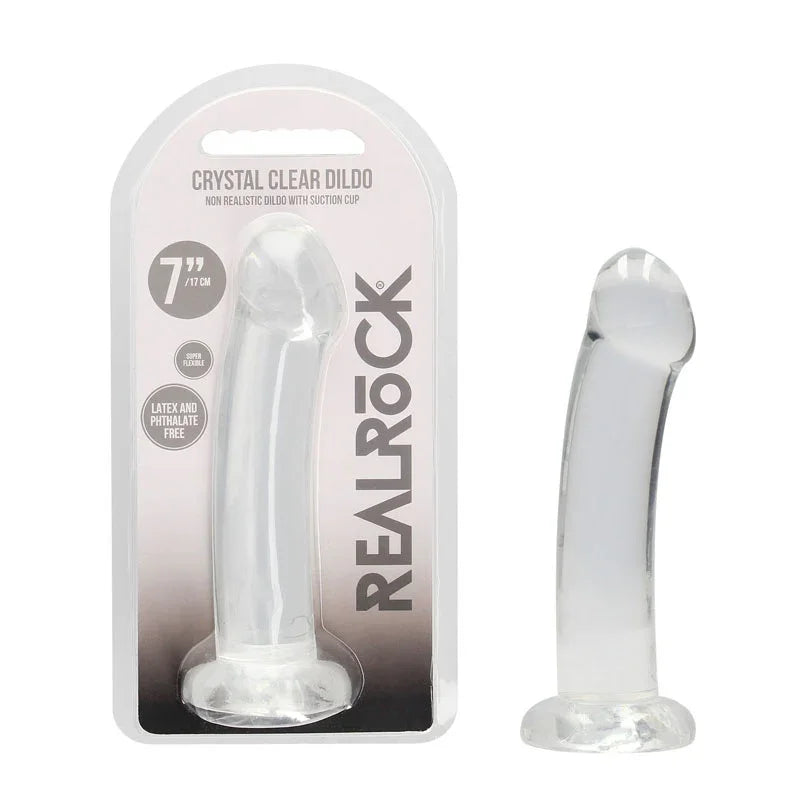 REALROCK 17 cm Non-Realistic Curved Dildo in Clear, blister pack beside the smooth curved dildo