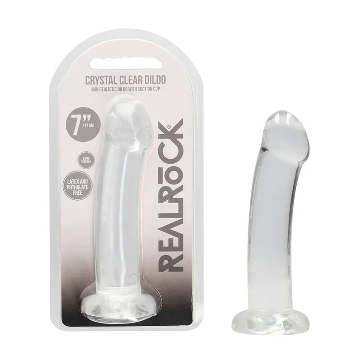 REALROCK 17 cm Non-Realistic Curved Dildo in Clear, blister pack beside the smooth curved dildo