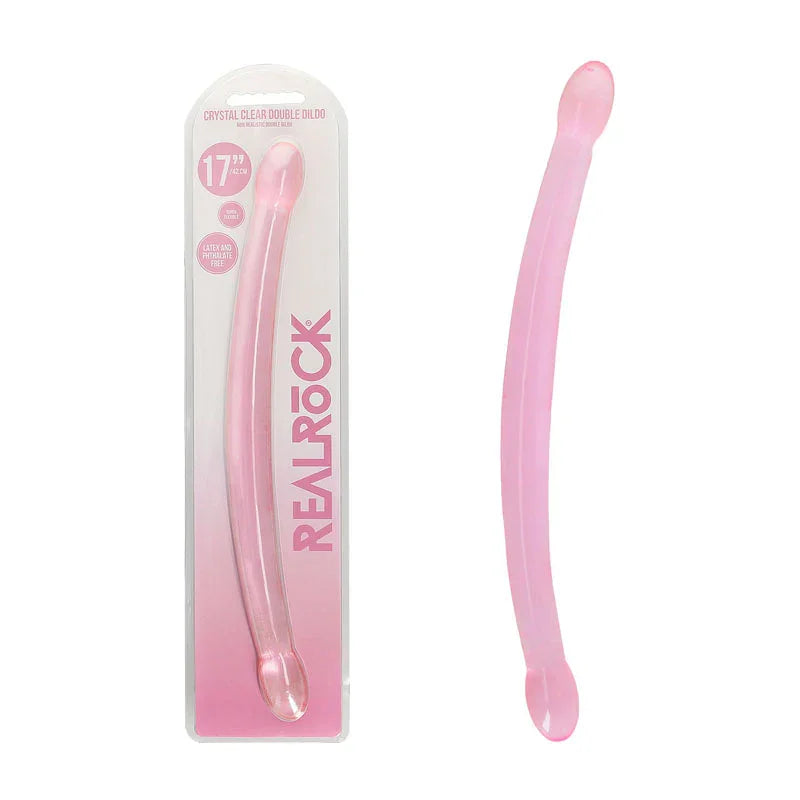 REALROCK 42 cm Non-Realistic Double Dildo in Pink, blister pack beside the long curved double shaft
