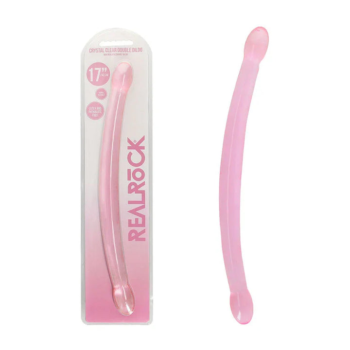 REALROCK 42 cm Non-Realistic Double Dildo in Pink, blister pack beside the long curved double shaft