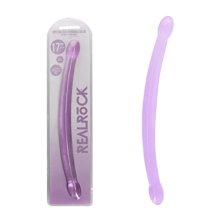 REALROCK 42 cm Non-Realistic Double Dildo in Purple, blister pack beside the long curved double shaft