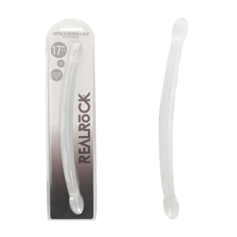 REALROCK 42 cm Non-Realistic Double Dildo in Clear, blister pack beside the long curved double shaft