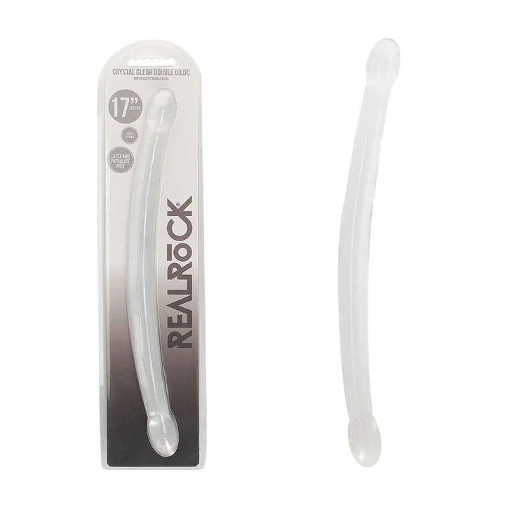 REALROCK 42 cm Non-Realistic Double Dildo in Clear, blister pack beside the long curved double shaft