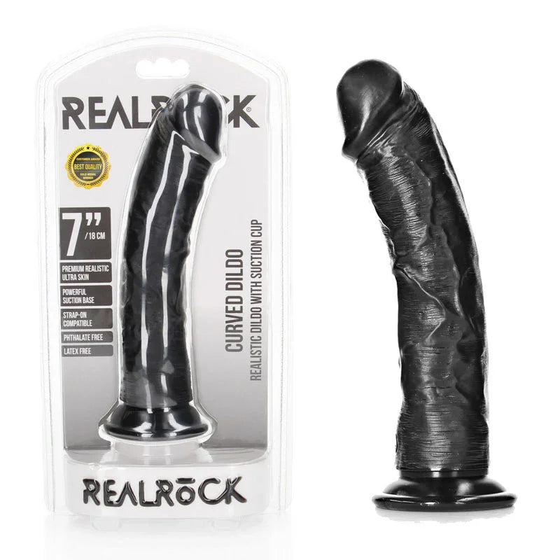 REALROCK 18 cm Realistic Curved Dildo in Black, blister pack beside the curved black dildo