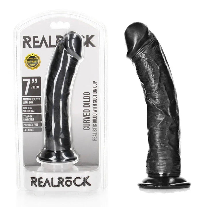 REALROCK 18 cm Realistic Curved Dildo in Black, blister pack beside the curved black dildo