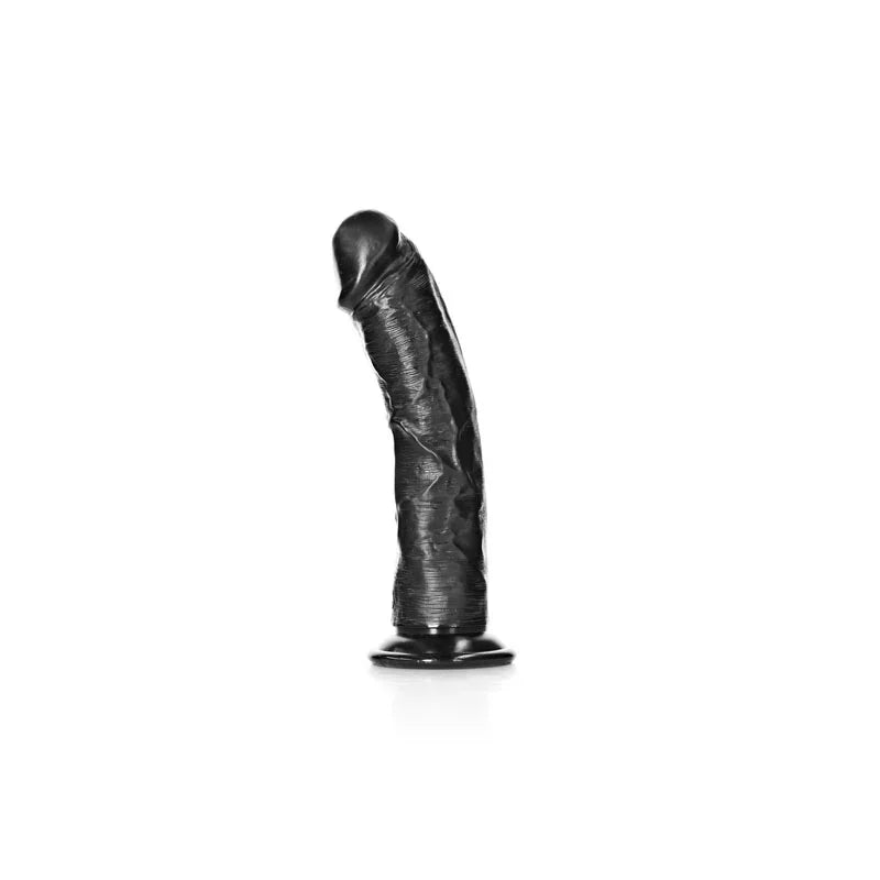 REALROCK 18 cm Realistic Curved Dildo in Black, side view standing on the suction base