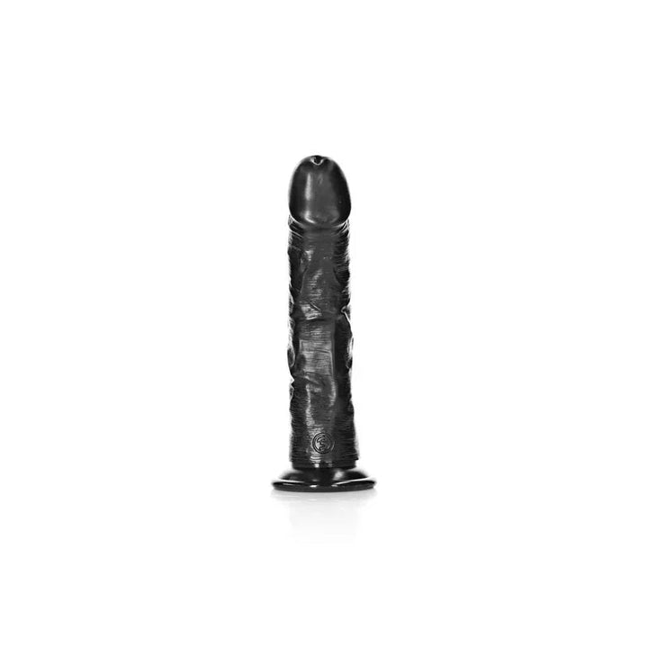 REALROCK 18 cm Realistic Curved Dildo in Black, front view standing upright on white