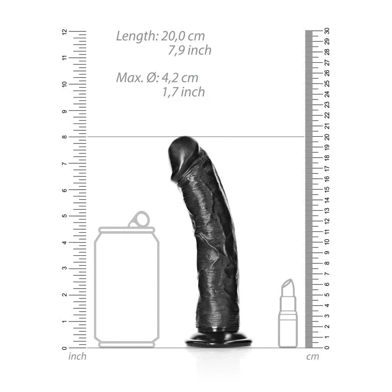 REALROCK 18 cm Realistic Curved Dildo in Black, scale diagram beside a drink can and lipstick