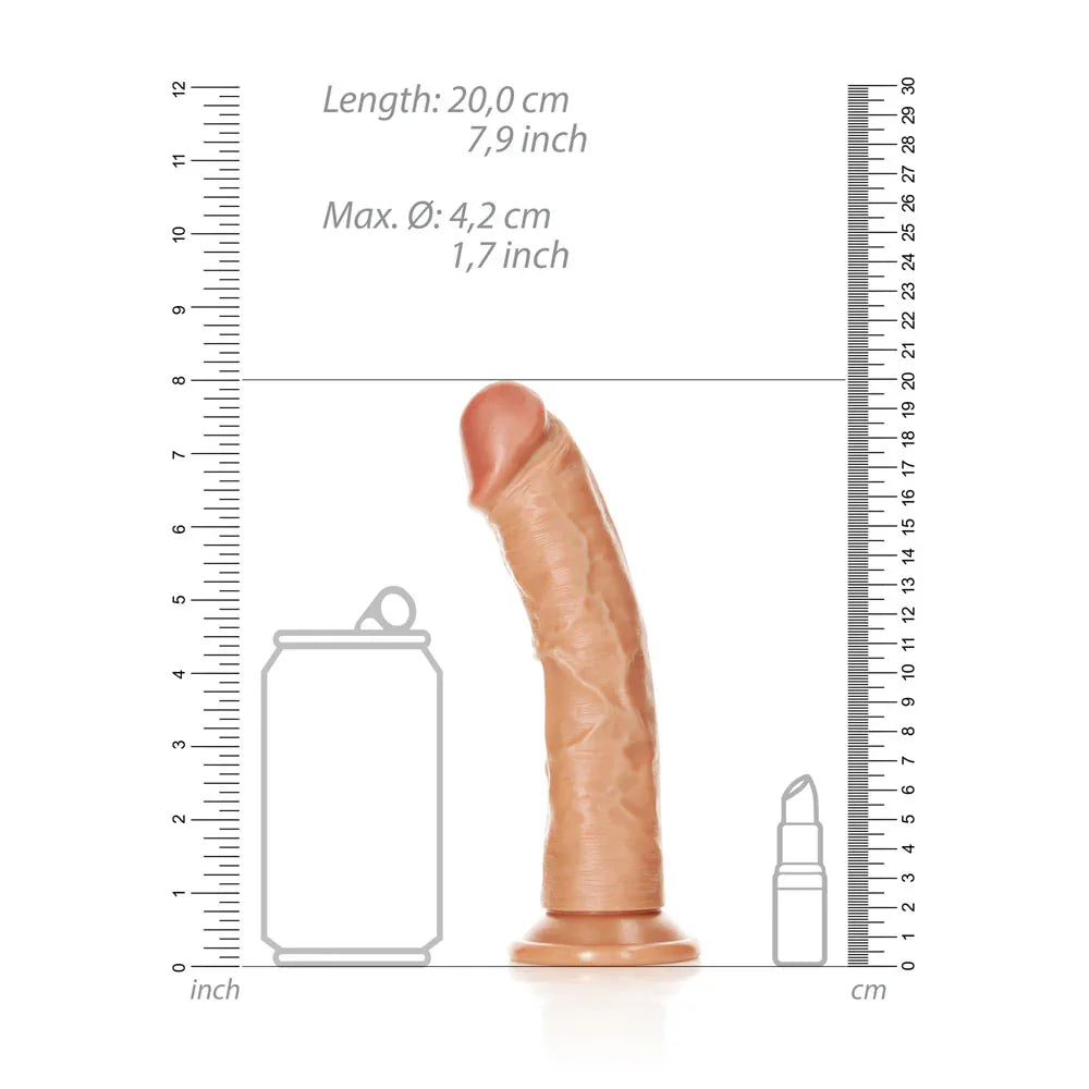 REALROCK 18 cm Realistic Curved Dildo in Tan, scale diagram beside a drink can and lipstick
