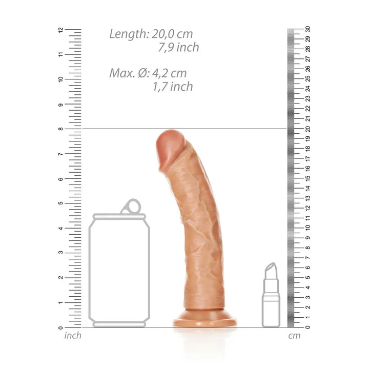 REALROCK 18 cm Realistic Curved Dildo in Tan, scale diagram beside a drink can and lipstick