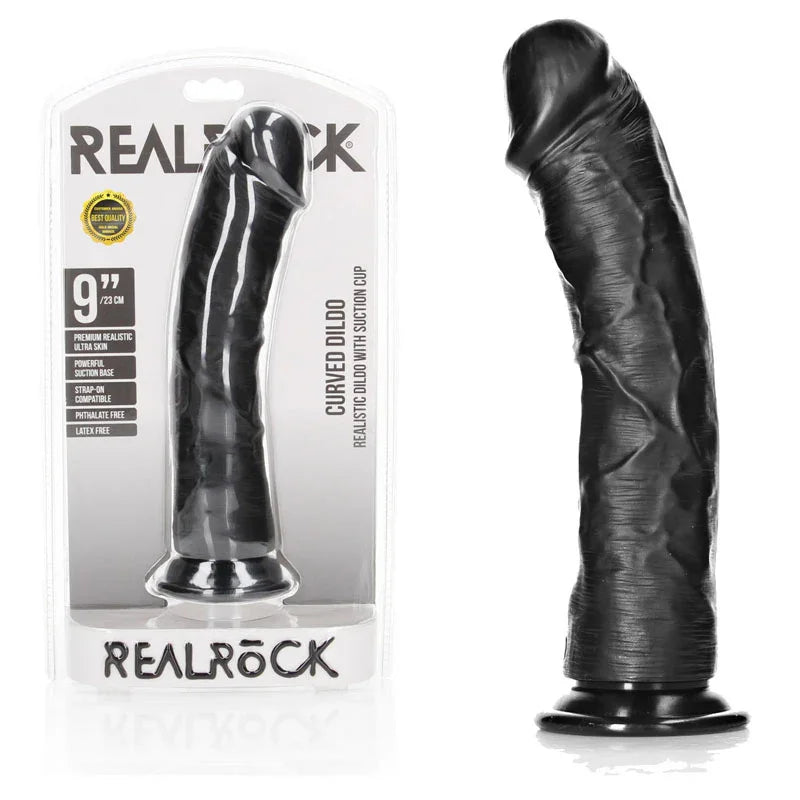 Shots Toys REALROCK Realistic Regular Curved Dildo with Suction Cup - 23 cm - Black 23 cm (9'') Dong