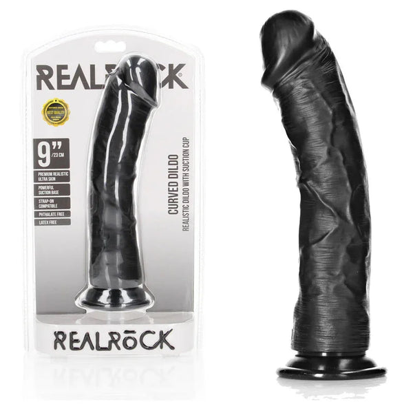 Shots Toys REALROCK Realistic Regular Curved Dildo with Suction Cup - 23 cm - Black 23 cm (9'') Dong