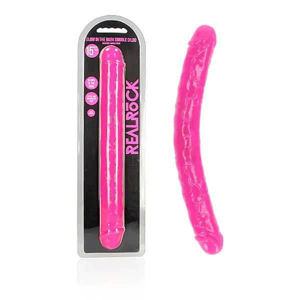 REALROCK 38 cm Glow in the Dark Double Dildo in Pink, blister pack beside the curved double shaft