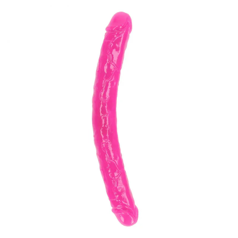 REALROCK 38 cm Glow in the Dark Double Dildo in Pink, the curved double shaft laid out on white