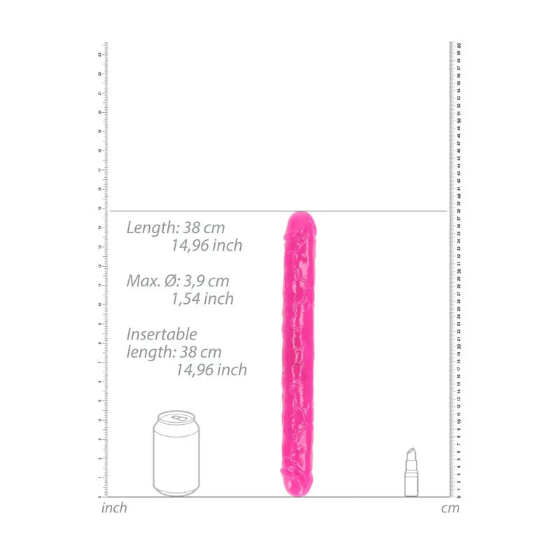 REALROCK 38 cm Glow in the Dark Double Dildo in Pink, scale diagram beside a can and lipstick