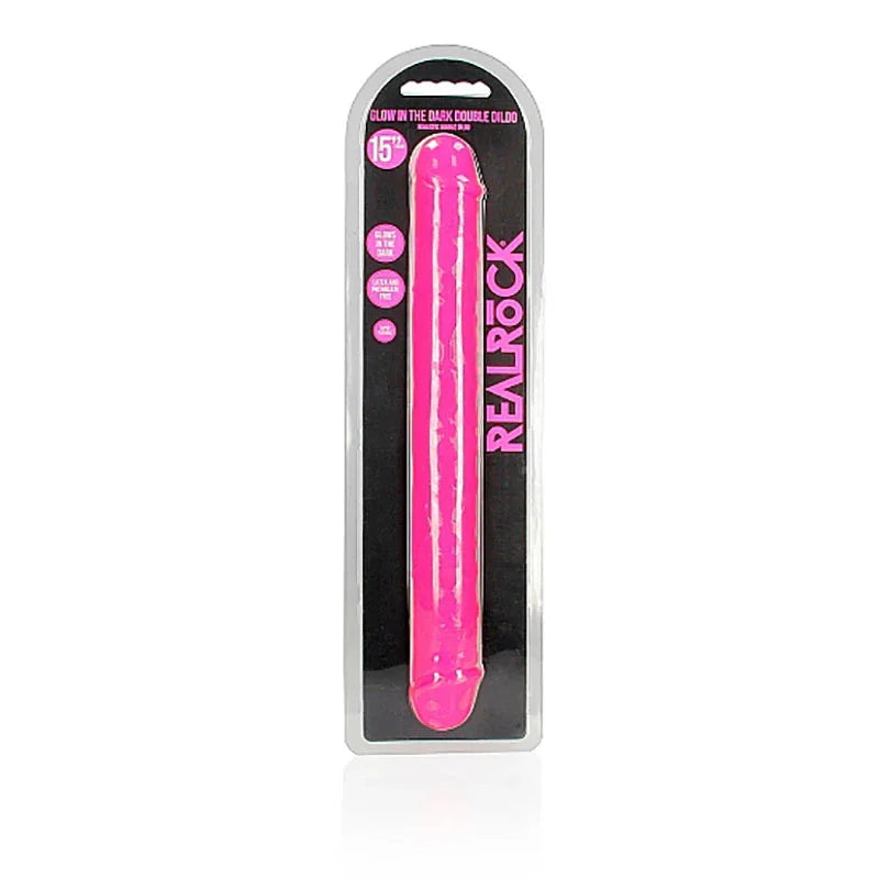 REALROCK 38 cm Glow in the Dark Double Dildo in Pink, front of the black REALROCK blister pack