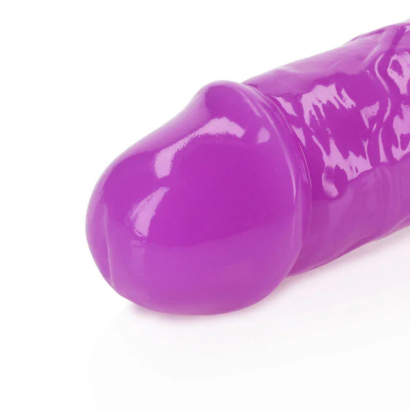 REALROCK 38 cm Glow in the Dark Double Dildo in Purple, close-up of one moulded head