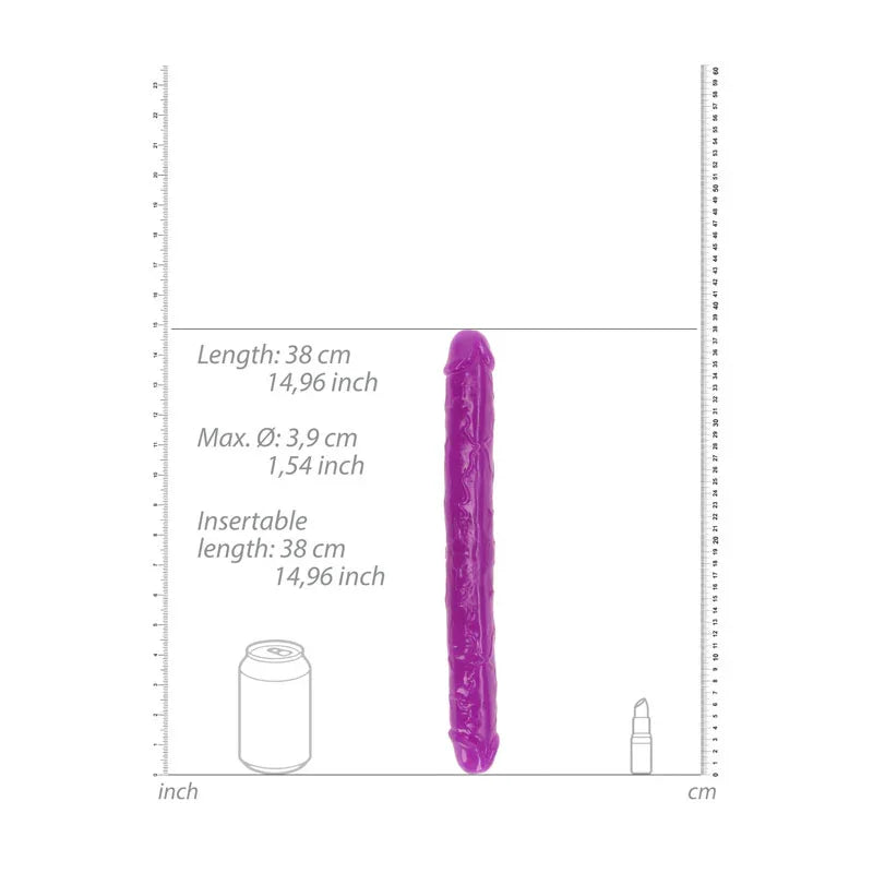 REALROCK 38 cm Glow in the Dark Double Dildo in Purple, scale diagram beside a can and lipstick