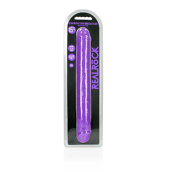 REALROCK 38 cm Glow in the Dark Double Dildo in Purple, front of the black REALROCK blister pack