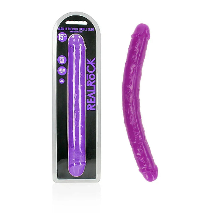 REALROCK 38 cm Glow in the Dark Double Dildo in Purple, blister pack beside the curved double shaft
