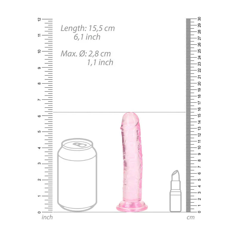REALROCK 15.5 cm Straight Dildo in Pink, scale diagram beside a drink can and lipstick