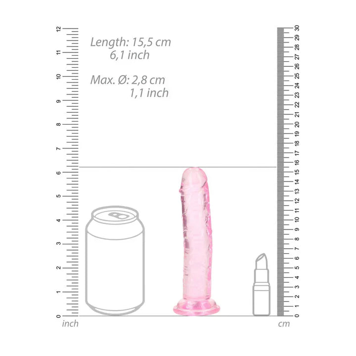 REALROCK 15.5 cm Straight Dildo in Pink, scale diagram beside a drink can and lipstick