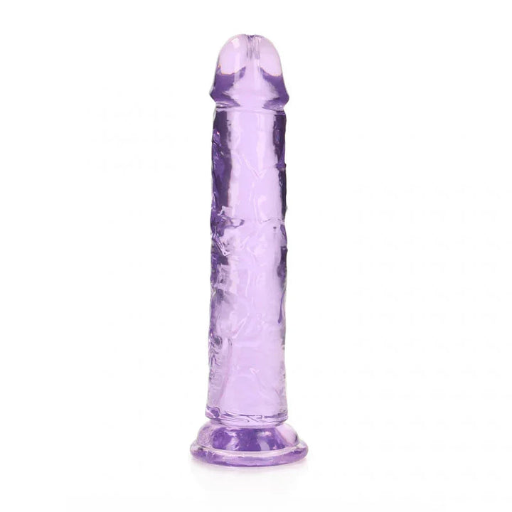 REALROCK 18 cm Straight Dildo in Purple, standing upright, rotated to show the veined shaft
