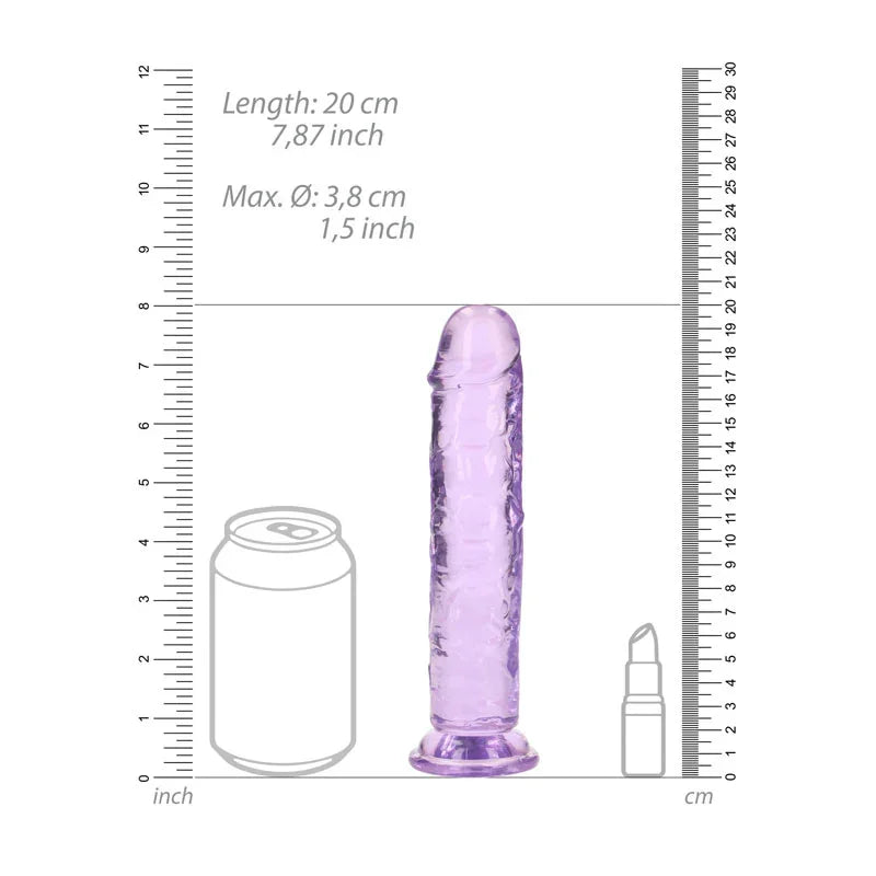 REALROCK 18 cm Straight Dildo in Purple, scale diagram beside a drink can and lipstick