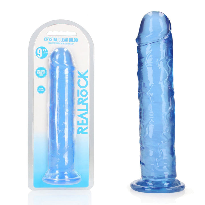 REALROCK 25 cm Straight Dildo in Blue, blister pack beside the blue jelly-clear dildo