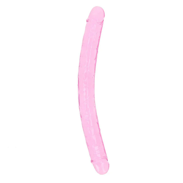 REALROCK 45 cm Double Dildo in Pink, the long curved double-ended shaft laid out on white