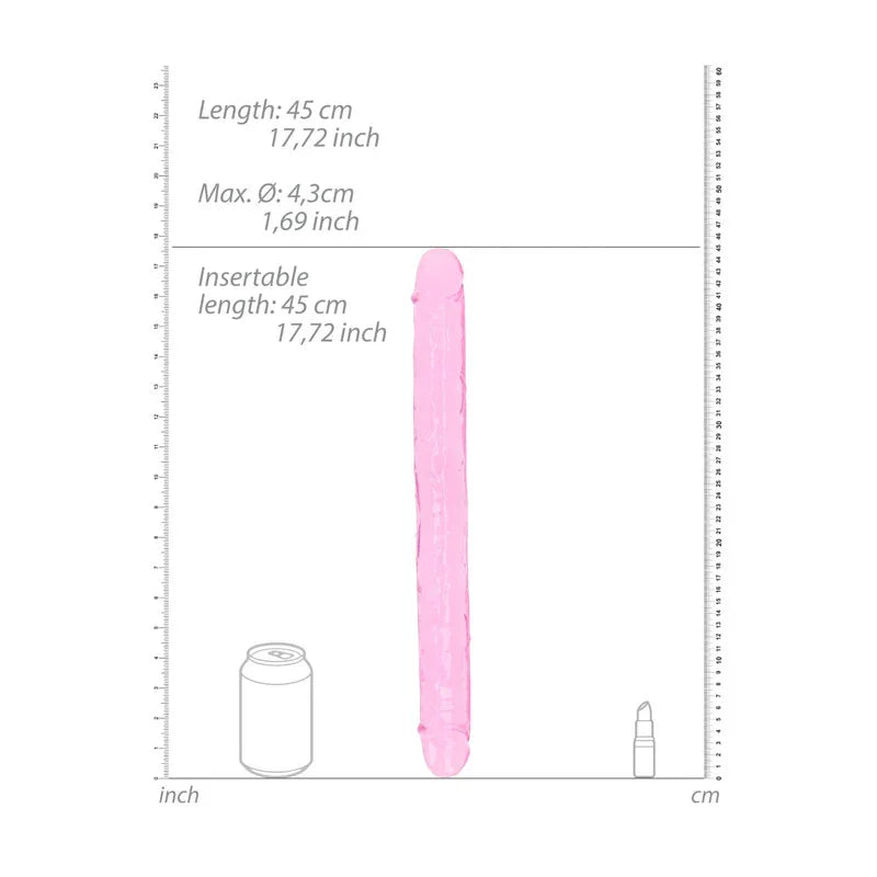 REALROCK 45 cm Double Dildo in Pink, scale diagram beside a drink can and lipstick