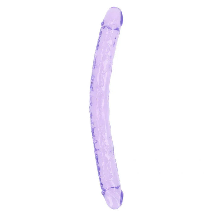 REALROCK 45 cm Double Dildo in Purple, the long curved double-ended shaft laid out on white