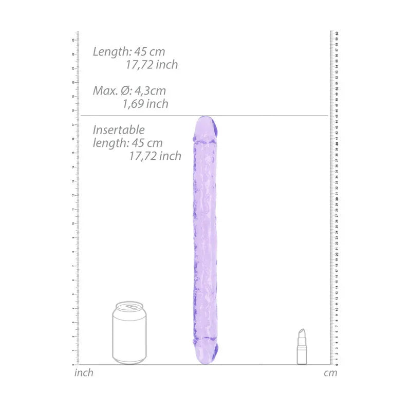 REALROCK 45 cm Double Dildo in Purple, scale diagram beside a drink can and lipstick