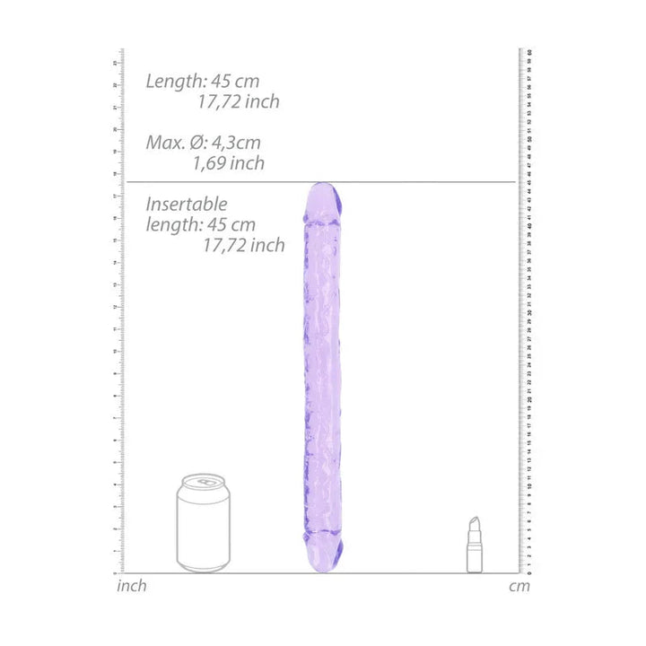 REALROCK 45 cm Double Dildo in Purple, scale diagram beside a drink can and lipstick