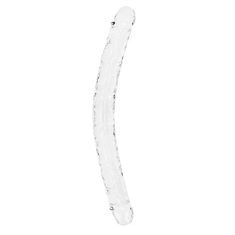REALROCK 45 cm Double Dildo in Clear, the long curved double-ended shaft laid out on white