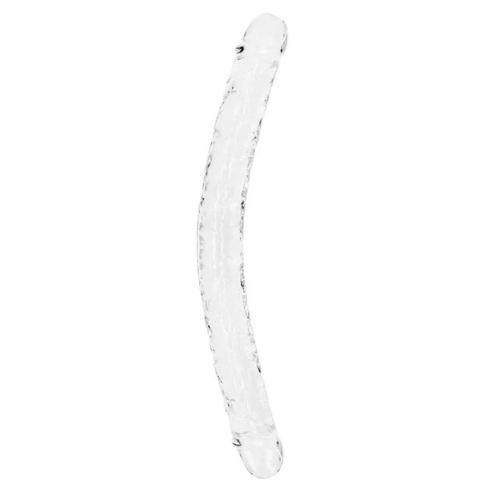 REALROCK 45 cm Double Dildo in Clear, the long curved double-ended shaft laid out on white