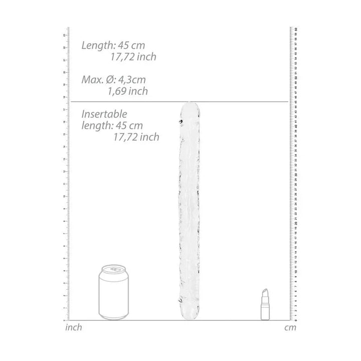 REALROCK 45 cm Double Dildo in Clear, scale diagram beside a drink can and lipstick