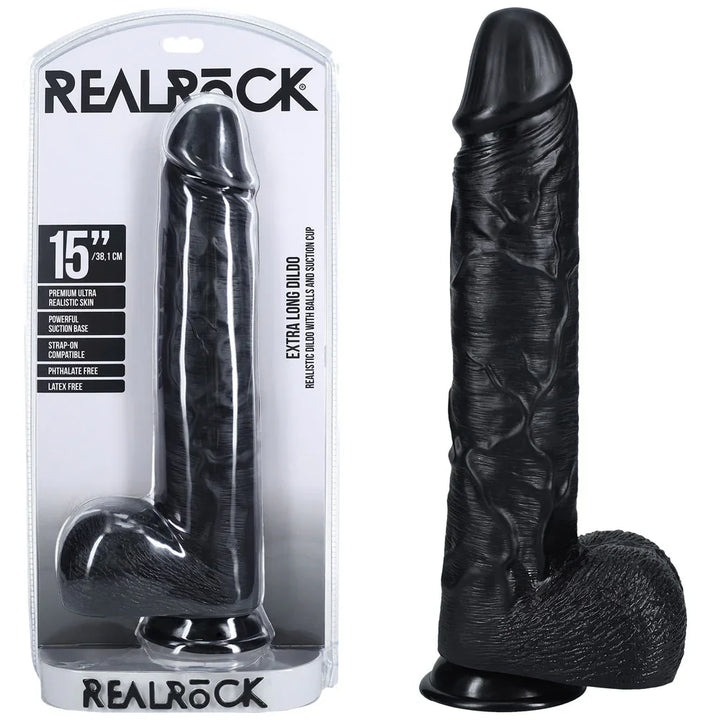 REALROCK 38 cm Extra Long Dildo with Balls in Black, blister pack beside the long dildo and balls