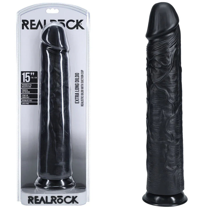 REALROCK 38 cm Extra Long Dildo in Black, blister pack beside the extra long veined dildo