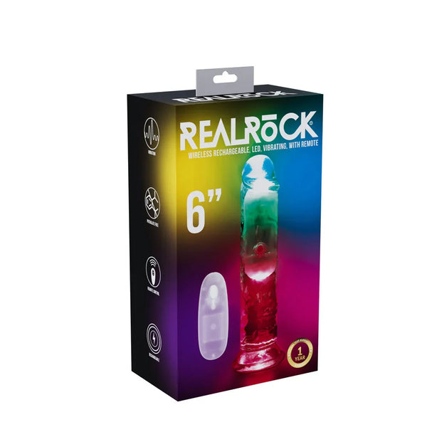 REALROCK 16.5 cm LED Vibrating Dildo in Clear, rainbow retail box showing the dildo lit from within