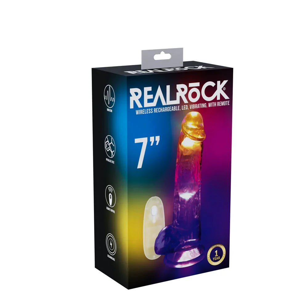 Shots Toys REALROCK 7" LED Vibrating Dildo with Balls + Remote, Clear
