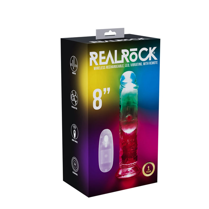 REALROCK 8'' No Balls Wireless Rechargeable LED Vibrating Dong - Clear with LED 22 cm USB Rechargeable Vibrating Dong with Remote