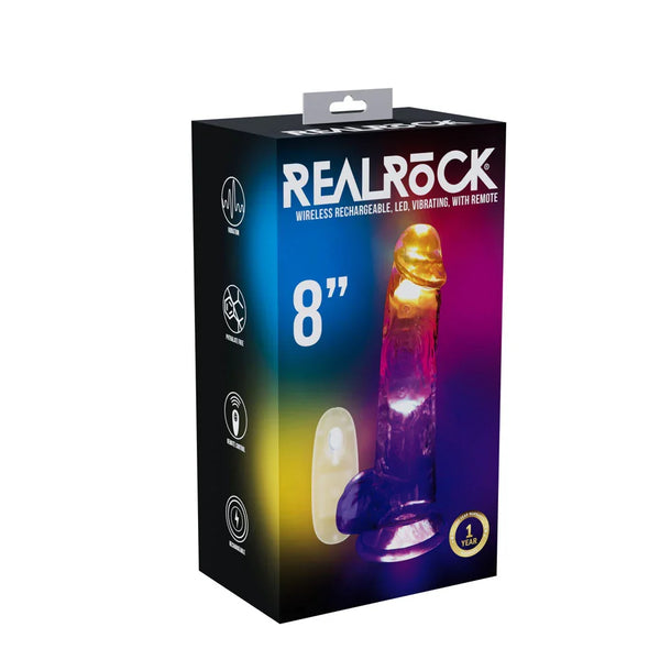 Shots Toys REALROCK 8" LED Vibrating Dildo with Balls + Remote, Clear